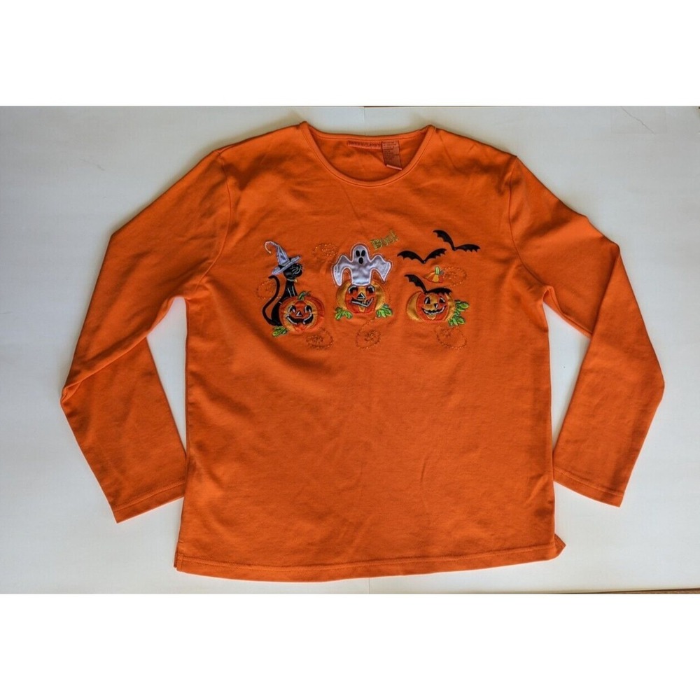 Halloween Fashion Classics Shirt Womens Sz M Orange Long Sleeve Top Beaded